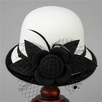 Women's Tweed Bowler Hat Wide Brim Vintage Church Hats With Mesh And Flowers For Fancy Dress Costumes Accessory