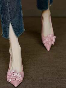 Muse Goddess French Pointed Toe Floral Mid-Heel Slip-On Pumps, Kocie Obcasy Wysokie Obcasy Z Kwiatowym Nadrukiem Dla Kobiet, Wiosna/Lato