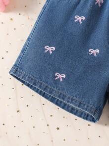 1pc Girls' Fashion Everyday Embroidered Pink Bow Denim Shorts - Medium Wash - View 3