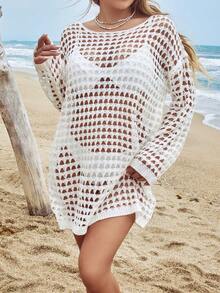 Crochet Lace Drop Shoulder Cover Up, Spring/Summer Beach Dress (Swimsuit Not Included) - White - View 4