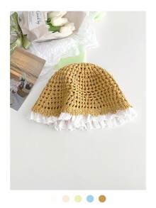 1 Pc Lace Trim Hollow Straw Hat For Women, Summer Lightweight Breathable Small Face Bucket Hat, Large Brimmed Bucket Hat - Straw - View 29