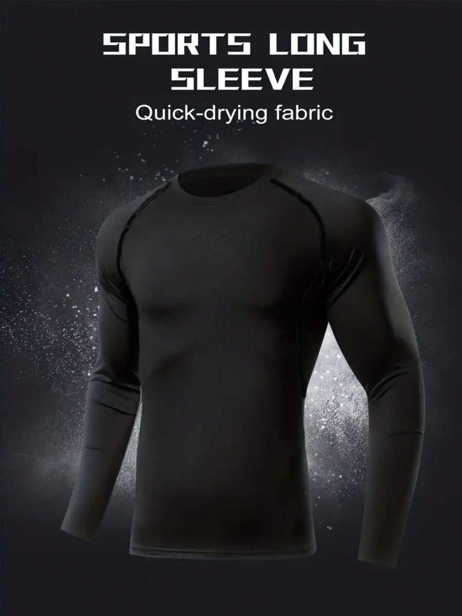 Men's Athletic Compression Long Sleeve Shirt - Crew Neck, Stretchy Fabric, Suitable For Outdoor Gym, Running, Training, Sports Uniform, And Workout