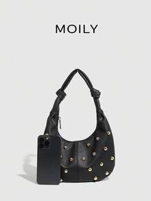 Fashionable Rivet Punk Style Knot Shoulder Crescent Bag , Punk - Black - View 6
