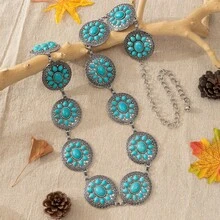 1pc Metallic Handmade Turquoise Inlay Waist Chain Belt For Women, Alloy - Water Drop Type - View 3