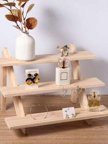 1pc Multilayer Tabletop Wooden Jewelry Display Rack, Multi-Purpose Wood Plant Flower Stand, Decorative Item Shelving Organizer - Beige - View 1