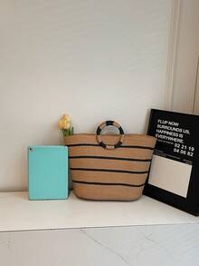 大容量草编手提包，休闲百搭女士手提包，条纹图案购物袋，超大手提包，春夏 - 卡其色 - 查看 6