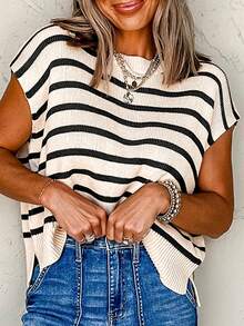 CILKOO Striped Side Slit Round Neck Short Sleeve Sweater T-Shirt Black Summer - Black - View 4