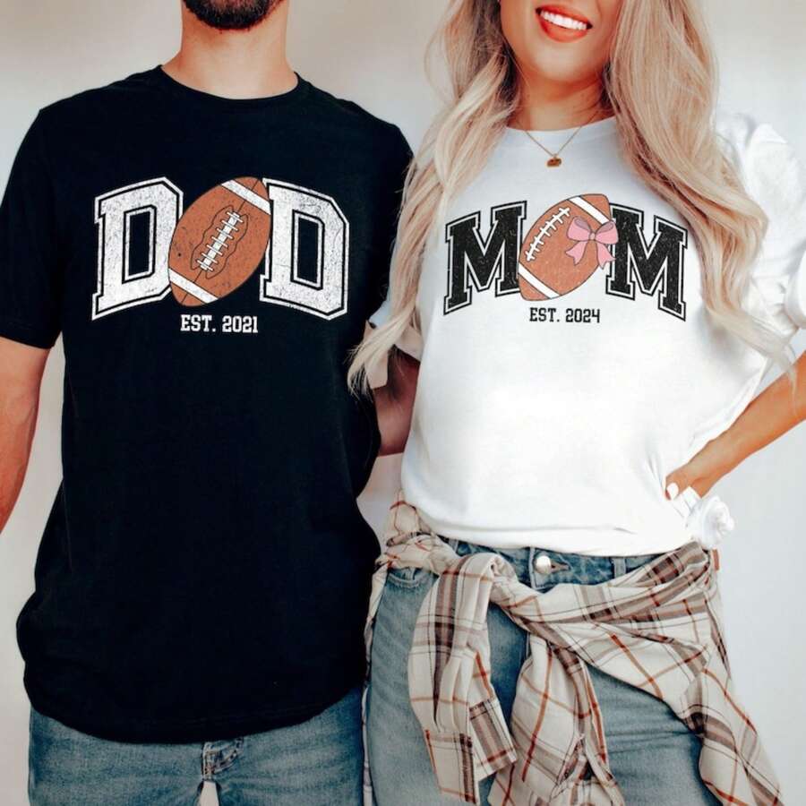 Mom Dad Established Football Shirts, Custom Mom Dad Est Pregnancy Announcement Shirts, Mom Dad Football Birthday T-Shirts Gift For Expecting Oversized Graphic Tshirts For Women,Summer Shirts For Women - Black dad shirt - View 1