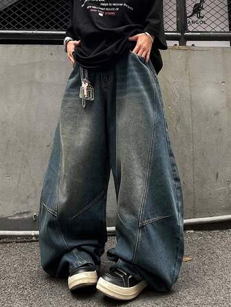1 件男士做旧复古水洗宽松拼布设计直筒牛仔裤（产品不包含腰带和配饰），emo 风格