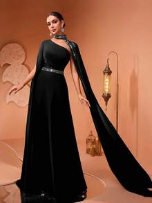 New Arrival Elegant Personalized Beaded Lace Sequin Applique Split Sleeve Women's Banquet Dress, Formal, Party Dress, Gown, For Evening, Wedding Guest - Black - View 4