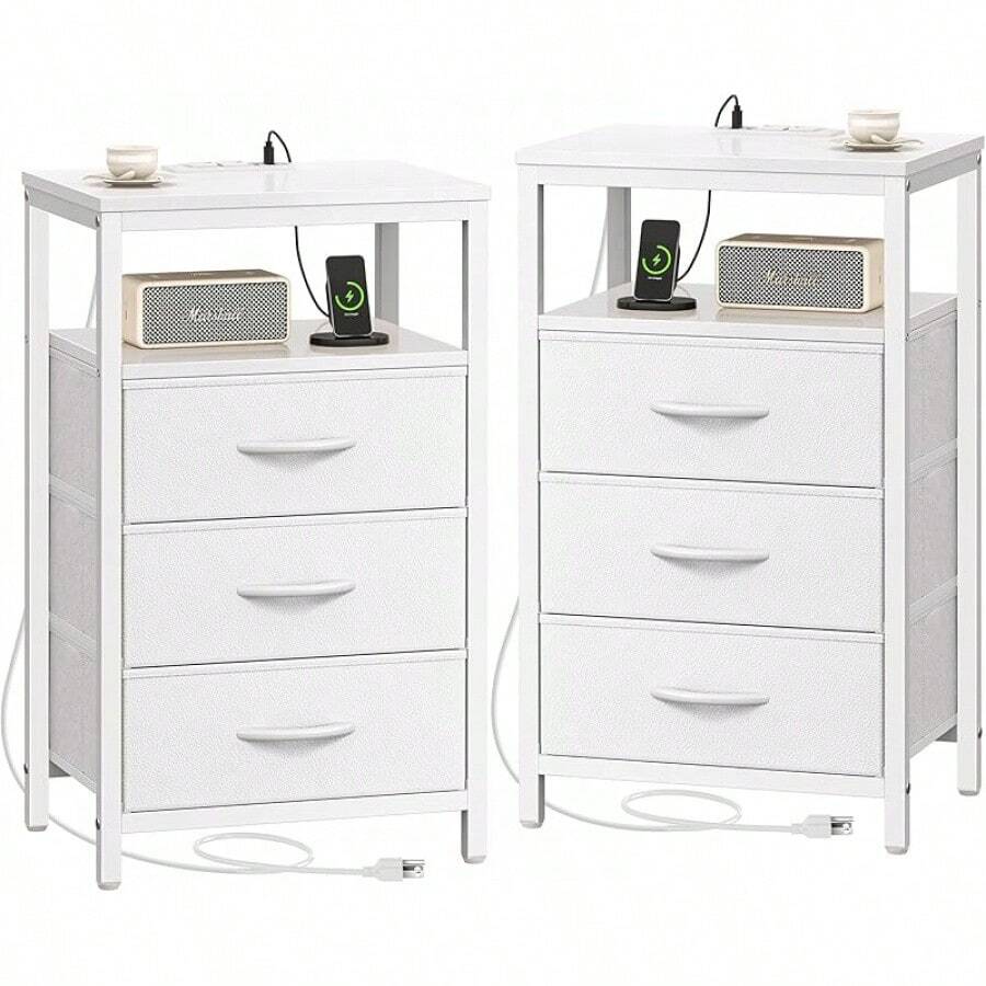 Huuger Nightstand With Charging Station, Side Table With Fabric Drawers, End Table With Open Shelf, Bedside Table With USB Ports And Outlets, Night Stand For Bedroom, White - 白色 - 查看 1