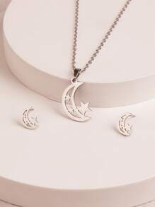 3pcs/Set Fashionable Stainless Steel Star Necklace Earring Set, Moon Star Necklace Earring Set, Simple Engagement Jewelry Set, Holiday Gift, Neutral Style, Suitable For Daily Wear