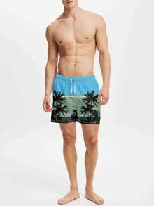 男士休闲时尚 3D 印花海滩度假抽绳腰沙滩短裤 - 藍色 - 查看 3