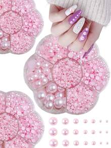 1盒装 Abs 粉色珍珠美甲饰品甜美风格 3D 半圆形珍珠美甲配件 DIY 美甲用品指甲美甲宝石 - 粉色 - 查看 1