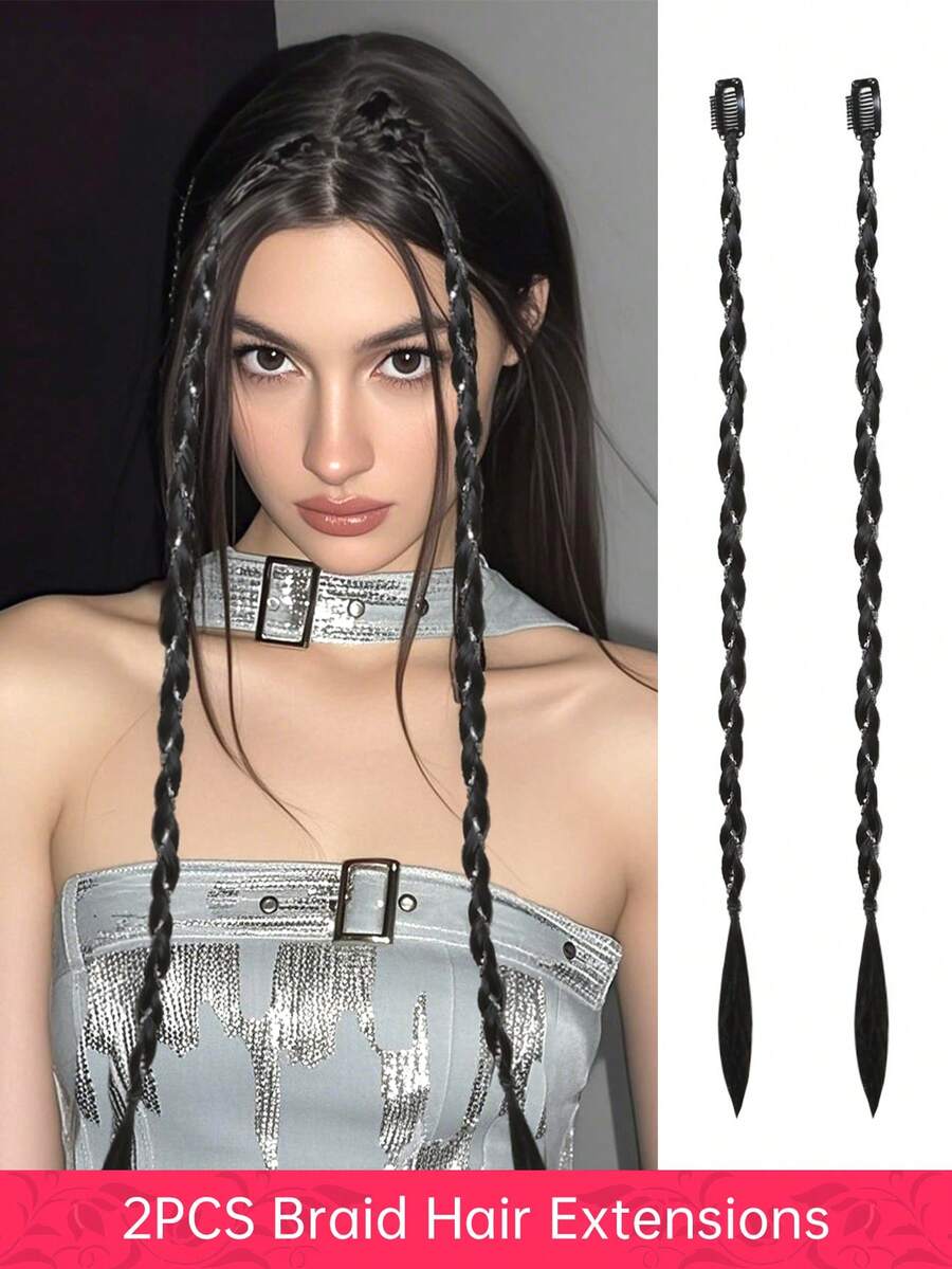 2 PCS Braid Hair Extensions, Clip In Hair Extensions Black Baby Braids Front Side Bang Curtain Bang Long Braided Hair Piece Natural Soft Synthetic Hair Sleek Looking Hair Extensions For Women Perfect For Halloween Music Festival Costumes And Daily Wear 20 Inch - Multicolor - View 1