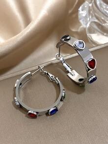 1 对复古彩色锆石耳环心形环状耳环女士不锈钢耳环适合日常聚会生日珠宝礼物 - 彩色 - 查看 4