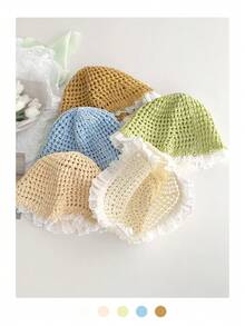 1 Pc Lace Trim Hollow Straw Hat For Women, Summer Lightweight Breathable Small Face Bucket Hat, Large Brimmed Bucket Hat - Straw - View 3