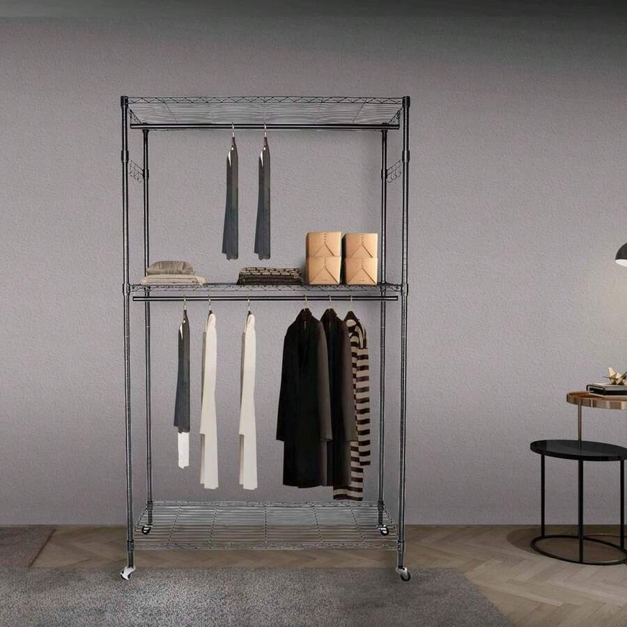Organizador de armario de 2 niveles con barra, estantería de almacenamiento de ropa, perchero con ganchos - 1 - Ver 1