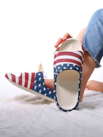 Women's Casual Graffiti American Flag Design Slippers, Non-Slip & Durable Couple Wear Sandals