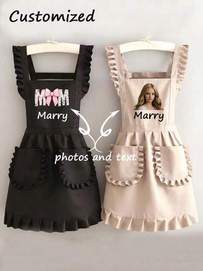 1 stuk stijlvol Koreaans schort met gepersonaliseerde foto en tekst, waterdicht en vlekbestendig, schattig schort met kanten rokje, vlekbestendig schort, gepersonaliseerd cadeauschort, verstelbaar schort met foto, schort voor dames en heren, mouwloos schort, voor thuis, keuken, nagelstudio, koken, bakken, nagelsalon, dameswerkkleding, koffieschort, schoon mouwloos schort voor thuiskoken