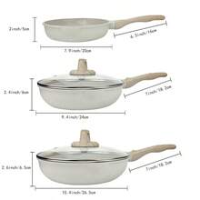 1pc/5pcs Aluminum Cookware Set, Frying Pan With Lid, Double Pouring Spouts, Thickened Bottom, Non-Stick Coating Wooden Handle Easy To Clean, Multi-Size Available, Suitable For Various Stove, Kitchen Cooking - Beige - View 2