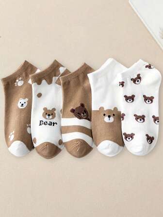5 paires de chaussettes à imprimé ours de dessin animé, chaussettes basses souples et légères, bas et collants pour femmes
