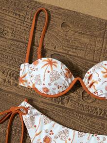 New European And American Style Solid Color Vacation Split Bikini, Fashionable Printed Metal Accessory Sexy Music Festival Nightclub Bikini - Brown - View 3