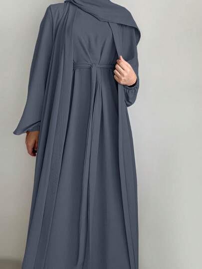 Women's Solid Color Comfortable Casual Loose Cardigan + Sleeveless Robe Two Pieces Set, Arabic Abaya Robe With Belt - No Headscarf, Quick Ship Spring