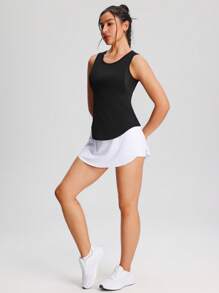 Top deportivo sin mangas de malla transpirable con parches, chaleco curvo para yoga, fitness y running
