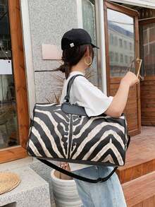 Short Trip Travel Lightweight Portable Large Capacity Luggage, Niche Design Zebra Print Pattern Position Random, Retro High Quality Handbag, Casual, Simple Fashion , Multifunctional Bag Can Be Set Pole Case Messenger Bag Graduation - Multicolor - View 3