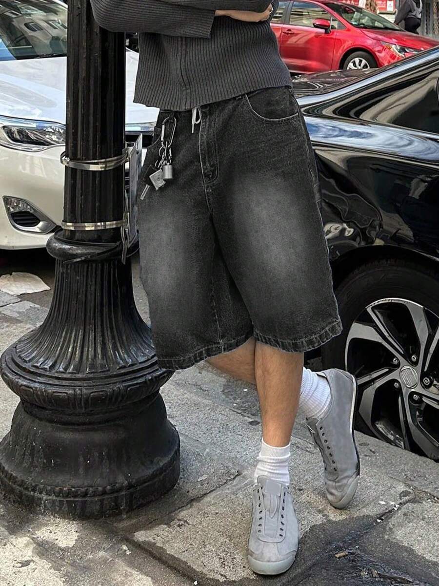 American Streetwear Style Washed Gray Denim Shorts For Men, Loose Straight Fit Summer Jorts