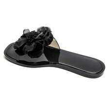 Summer Flat-Soled Slides With Decorative Flower - Black - View 4