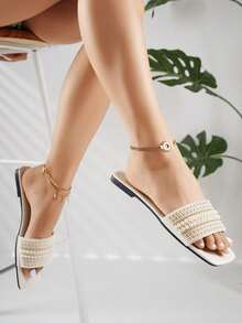 Women's Slippers With Rhinestone Decor, Casual Versatile Outdoor Plastic Flat Sandals - White - View 7