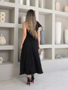 Helena Luxury Dune Linen Midi Dress With Bow On The Sleeve - Black - View 4