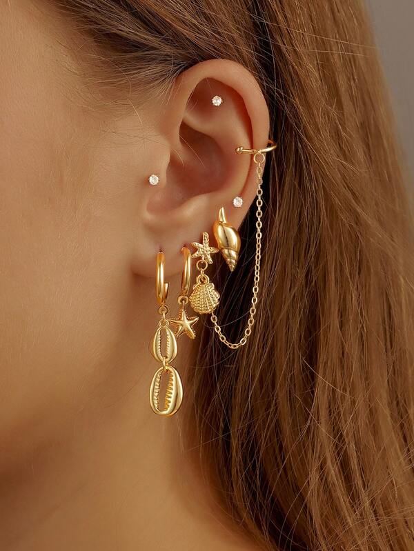 7 Pcs Summer Beach Starfish Earrings Set, Sea Life Shell Earring Vacation Style Jewelry Set Women Boho Accessories