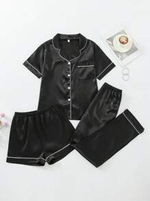 3 pièces Ensemble pyjama en satin unicolore élégant pour femmes - débardeur avec col châle boutonné, pantalon long et short, convient pour toutes les saisons