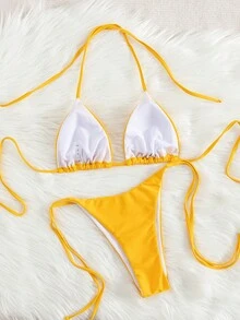 Conjunto de bikini de unicolor, con tirantes lindos, amarres en la espalda y rhinestones, al estilo europeo y americano, para la playa - Amarillo - Ver 3