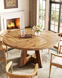 LITTLE TREE Round Dining Table Kitchen Table, 120 Cm Dining Room Tables For 4 People, Farmhouse Dinner Table With Wooden Table Top And Legs (Only Table) - Beige - View 8