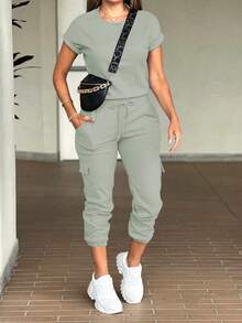 Vaiaye 女士极简时尚圆领短袖圣诞连体裤 - 豆綠色 - 查看 4