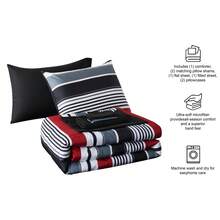 7-Piece Reversible Bed In A Bag Comforter Set With Sheets, Blue Floral, Queen - Garis Merah & Hitam - View 3