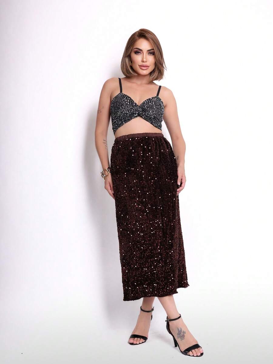2025BR NEW Sequined Skirt - Burgundy - View 1