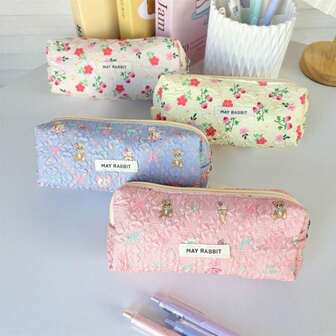 New Floral Pen Bag Multi-Function Student Pencil Cases Simplicity Bow Women Travel Makeup Bag Portable Stationery Storage Bag