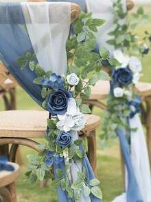 2 piezas de decoración para sillas de boda: guirnalda de flores artificiales para pasillos, bancos, iglesias, ceremonias y recepciones. - Azul - Ver 3
