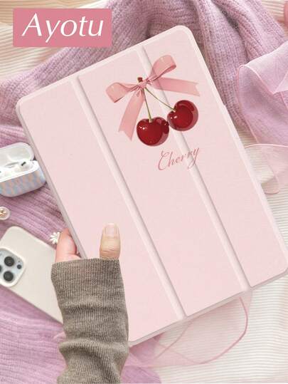 Ayotu 纯色蝴蝶结樱桃保护壳适用于三星 Galaxy Tab/iPad、iPad 第 9/8/7 代 10.2 英寸、新款 iPad 第 10 代，具有自动唤醒/睡眠功能、四角防摔、专用笔槽，精心保护以防止丢失和掉落，生日、婚礼、节日的创意礼物