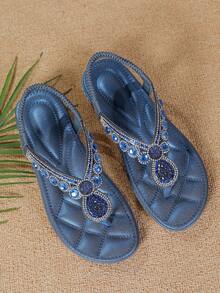 大码女士时尚水晶装饰舒适镂空平底凉鞋，奢华百搭，夏季