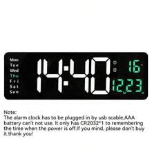 Reloj de pared digital grande de 16 pulgadas con indicación de hora, fecha, temperatura y semana, temporizador, formato de 12/24 horas, atenuación automática, reloj de pared LED con control remoto para sala de estar, aula, gimnasio, iglesia, tienda, garaje (sin adaptador), decoración de habitación, decoración de pared del dormitorio, decoración del dormitorio, vuelta al colegio, decoración escolar