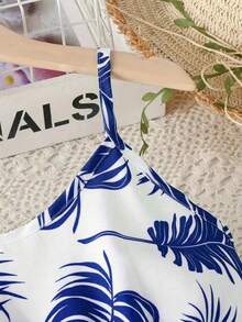 Dziewczęca sukienka bez rękawów, letnia, z nadrukiem liści, elastyczna, z mieszanki poliestru - odkryte ramiona, długość do kolan, odpowiednia na imprezę i plażę, sukienka plażowa - Niebieski - Zobacz 4