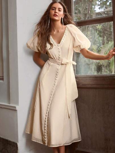 Simplee 女士 V 领水钻装饰连衣裙，优雅，适合婚礼宾客、派对、毕业季