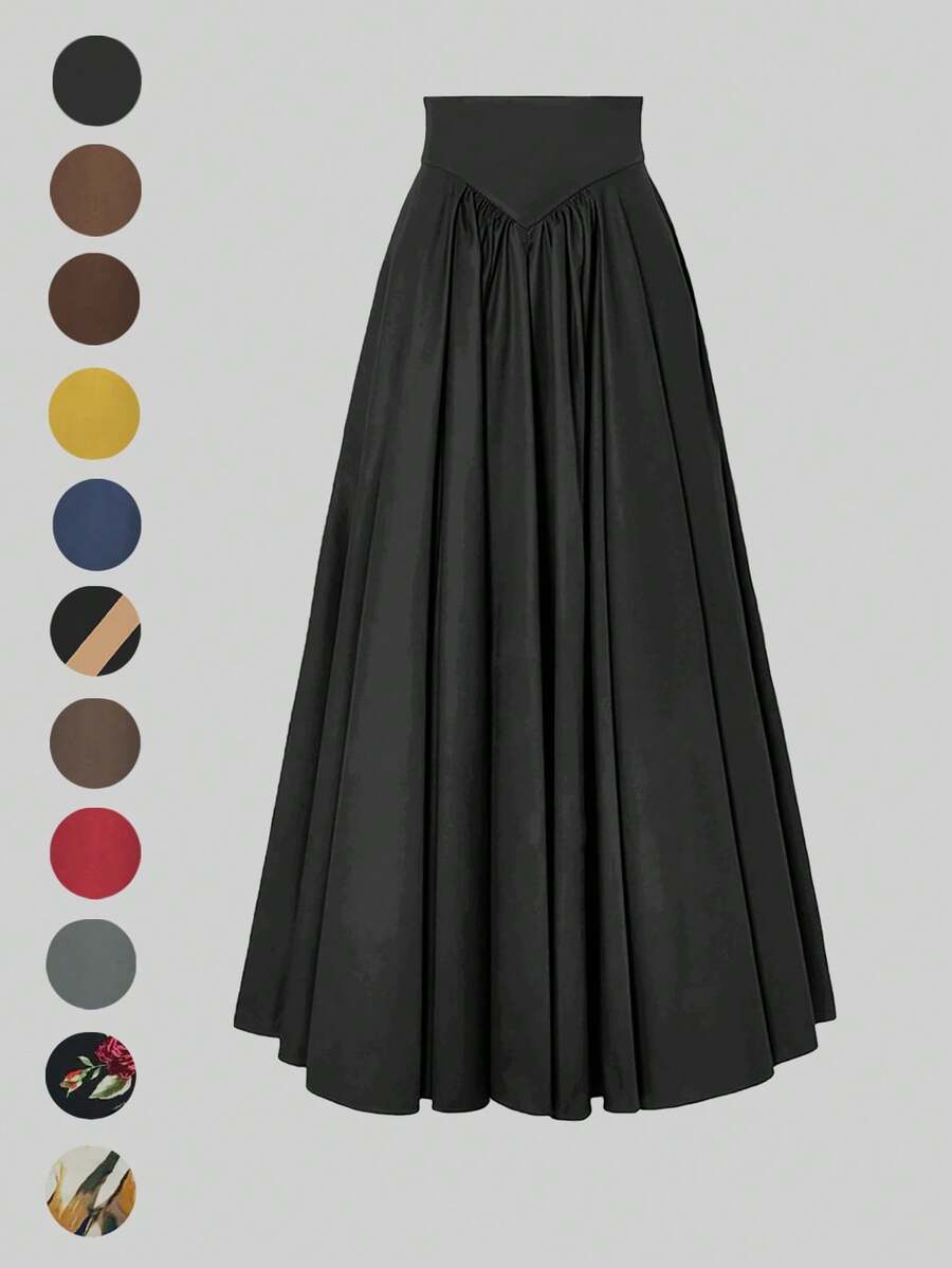 Spring And Summer New Joker Daily Elegant Fashion Shaping Belt Big A Pleated Elegant Skirt - Black - View 1