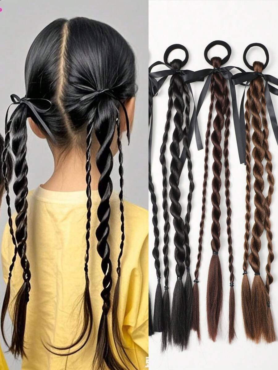 2pcs 18-Inch Synthetic Fiber Ponytail Extensions, With Elastic Hair Band, Box Braided Ponytail, For Children - 深棕色 - 查看 1